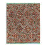 Moroccan Hand Knotted Geometric Area Rug in Red, Green, Orange, Teal