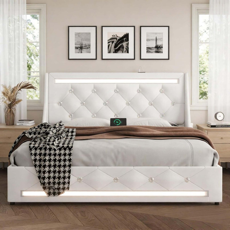 Full Size Bed Frame With LED Light And Storage Drawers, PU Upholstered Bed Frame With Adjustable Headboard, Diamond Crystal Button, Charging Station, Metal Frame, No Box Spring Needed, White