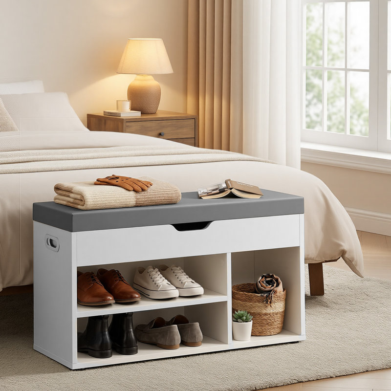 Abigayle 8 Pair Shoe Storage Bench, Cloud White, Grey