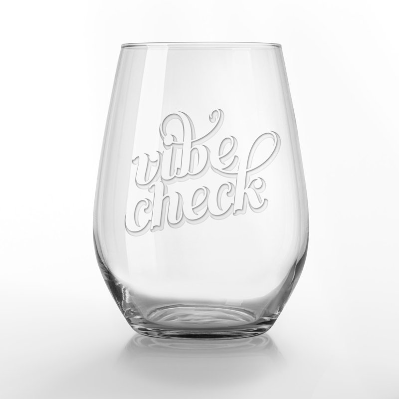 Vibe Check Script 15 oz. Etched Stemless Wine Glass