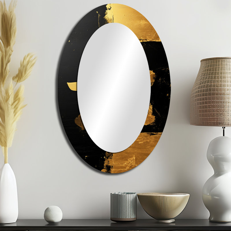 Or, signe japonais noir, calligraphie I - décor de miroir mural ovale doré, 36 po x 24 po