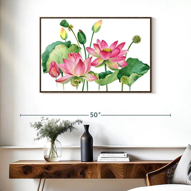 Grappe de lotus rose, 37 po x 25 po, Cadre flottant noyer
