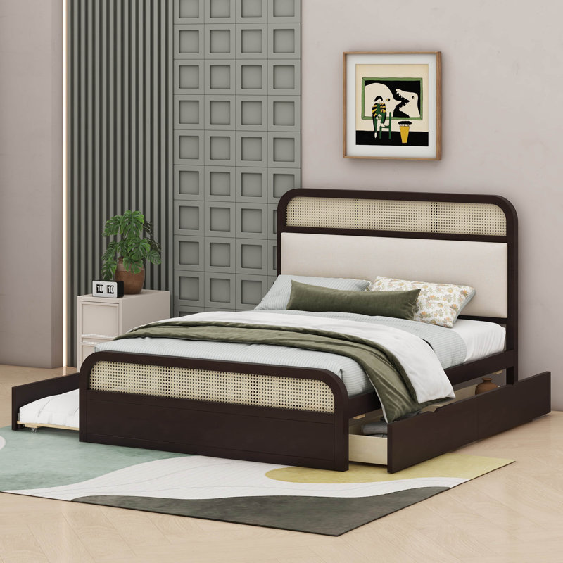 Grand lit plateforme en bois avec lit gigogne et tiroirs, Espresso