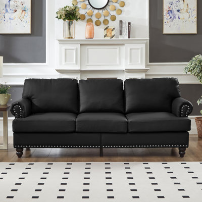 83" American Classic Style Leather Couch, Round Armrest With Silver Nails, Solid Wood Frame And Legs, Spring Pocket Seat Cushion, Removable Black Cover, Storage Space Modern 3 In Design, Upholstered