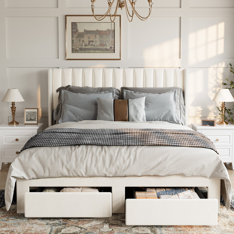 Structure de lit double tapissier à oreilles pleine grandeur avec 2 tiroirs de rangement Aucun sommier requis Lit de détente confortable pour chambre à coucher, facile à assembler, beige