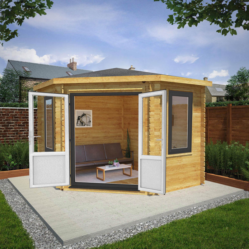 10ft x 10ft Corner Cabin UPVC Windows & Doors (44mm), Grey/Natural Timber