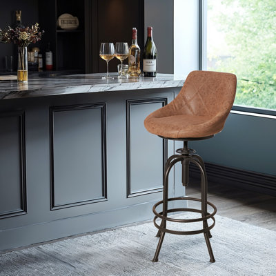 Industrial Bar Stool With Leather Backrest 29.53-35.43Inch Height Adjustable Rustic Swivel Office Chairs Vintage Pub Stools For Kitchen Island Dining Room Living Room