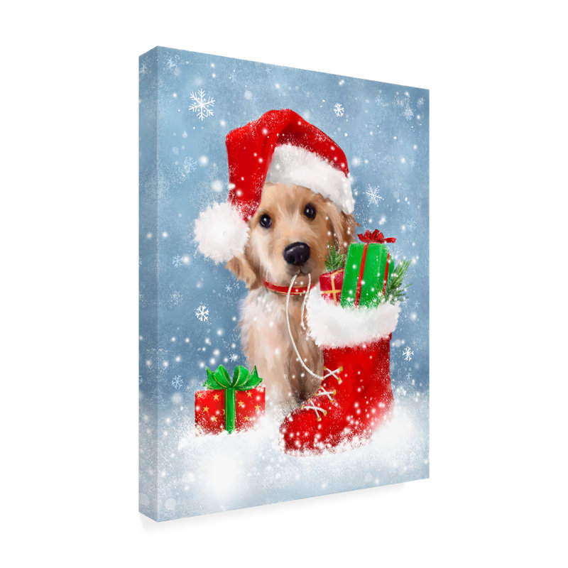Chiot avec un chapeau de père Noël - sans cadre sur toile, L 24 po x H 32 po