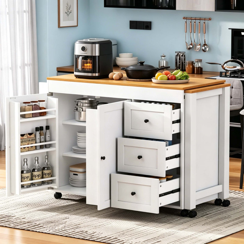 Rolling Kitchen Island with Extendable Drop-Leaf Dining Table, Built-In Power Station, Spice Rack & Adjustable-Shelf Storage Cabinet
