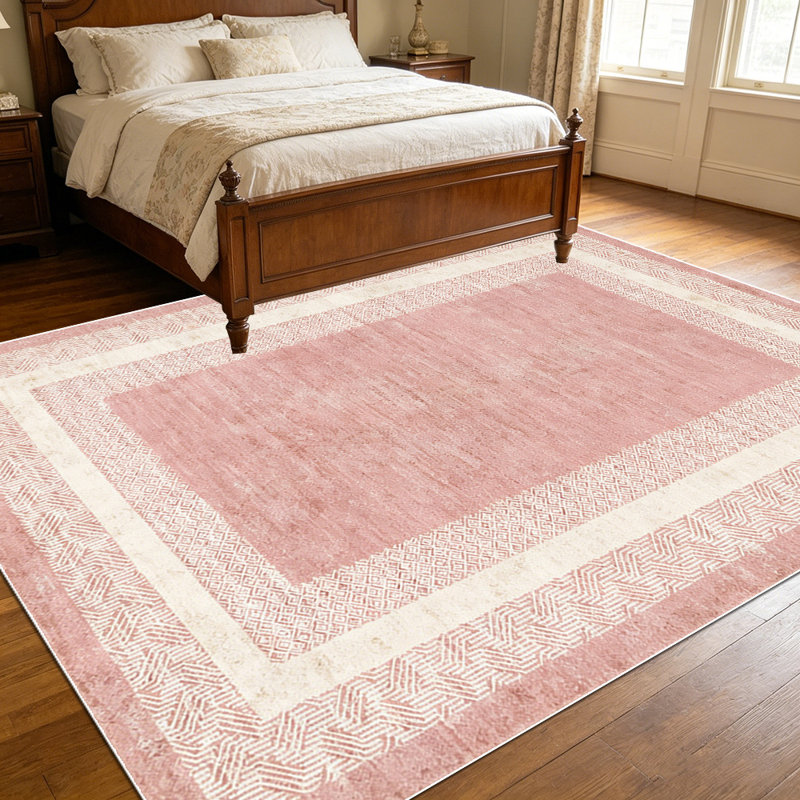1PC Blush Pink & Cream Geometric Bordered Farmhouse area rugs for Living Room, Soft and Comfortable, Suitable for all seasons, easy-to-maintain, machine washable Indoor floor mat, Under Table Farmhouse suitable for Dining Table, Bedroom, Entryway,