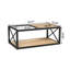 Table basse industrielle moderne avec plateau en verre trempé et bois