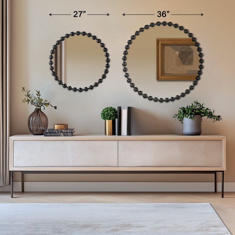 36" Round Black Beaded Frame Wall Mirror