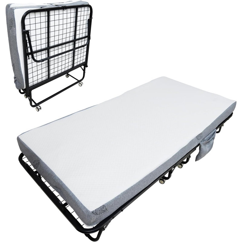 Folding Bed with Mattress for Adults, 75" x 31" Portable Rollaway Guest Beds on Wheels, Foldable Metal Frame Bed with Side Storage Pocket for Office, Bedroom, Space Saving, Easy Storage