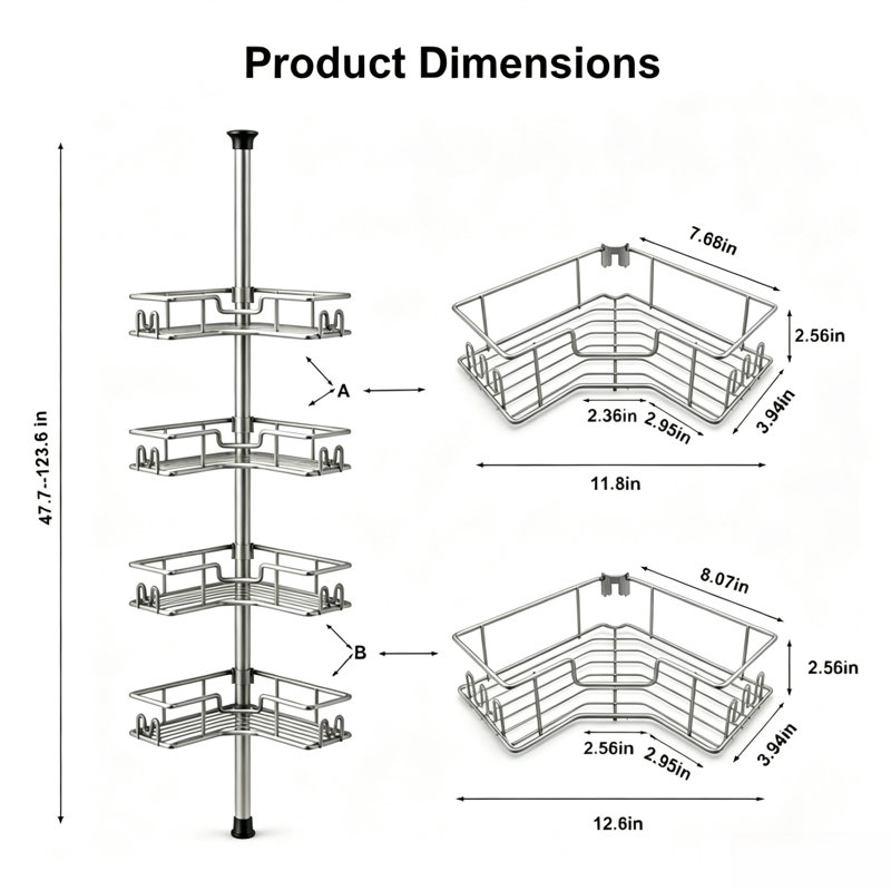 Étagère de douche d'angle à 4 niveaux en métal antirouille, réglable en hauteur de 121,1 cm à 314,3 cm, argentée