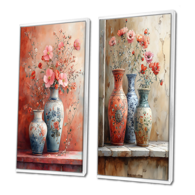 Ensemble de 2 vases en céramique rose I, H 32 po x l 32 po, Cadre flottant blanc