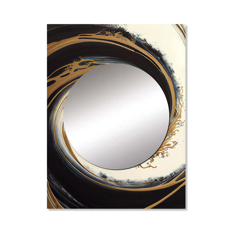 Cercle noir et doré V - miroir spirales abstraites, miroir mural décoratif noir, art imprimé en métal, 40 po x 30 po