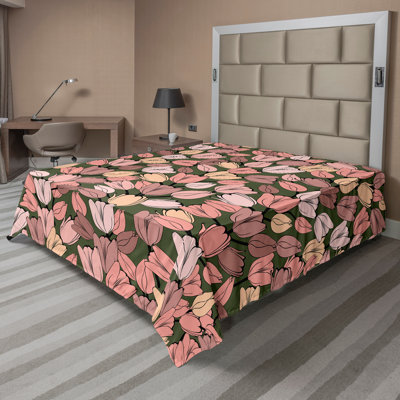 Ambesonne Spring Top Flat Sheet Retro Tulips Flowers Cocoa Coral Cream