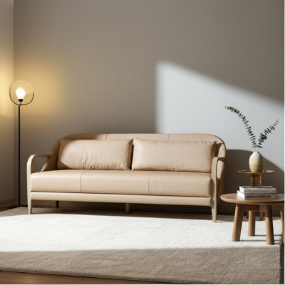 Luxury Sofa Couch And Loveseat Combo With Wood Arms - Mid Century Modern Leather Sofa Perfect For Indoor Or Outdoor Home Decor - 87", Tan