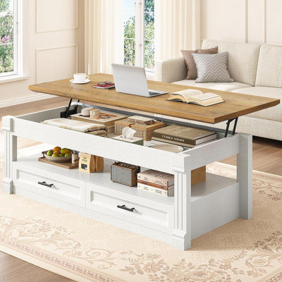 Lift Top Coffee Table with Hidden Storage and 2 Drawers, 47.2" Farmhouse Wood Center Table with Hydraulic Lifting Mechanism for Living Room, White + Oak