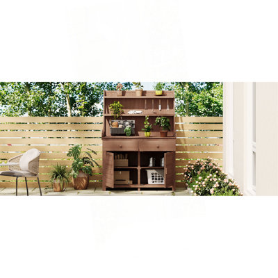 Table de jardin en pot de 65 po, poste de travail en bois de sapin avec tablette de rangement, tiroir et armoire