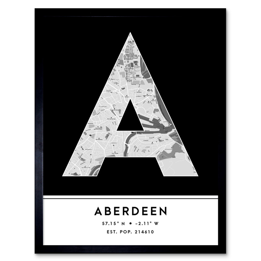 Aberdeen City Map Aberdeen Black & White - Single Picture Frame Typography