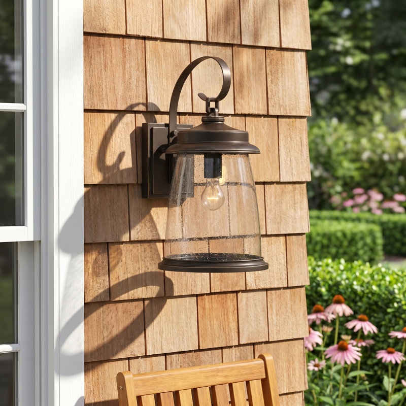 Darya Kirklin Seeded Glass Outdoor Wall Lantern, 14.25" H x 7" W x 9" D, Antique Bronze