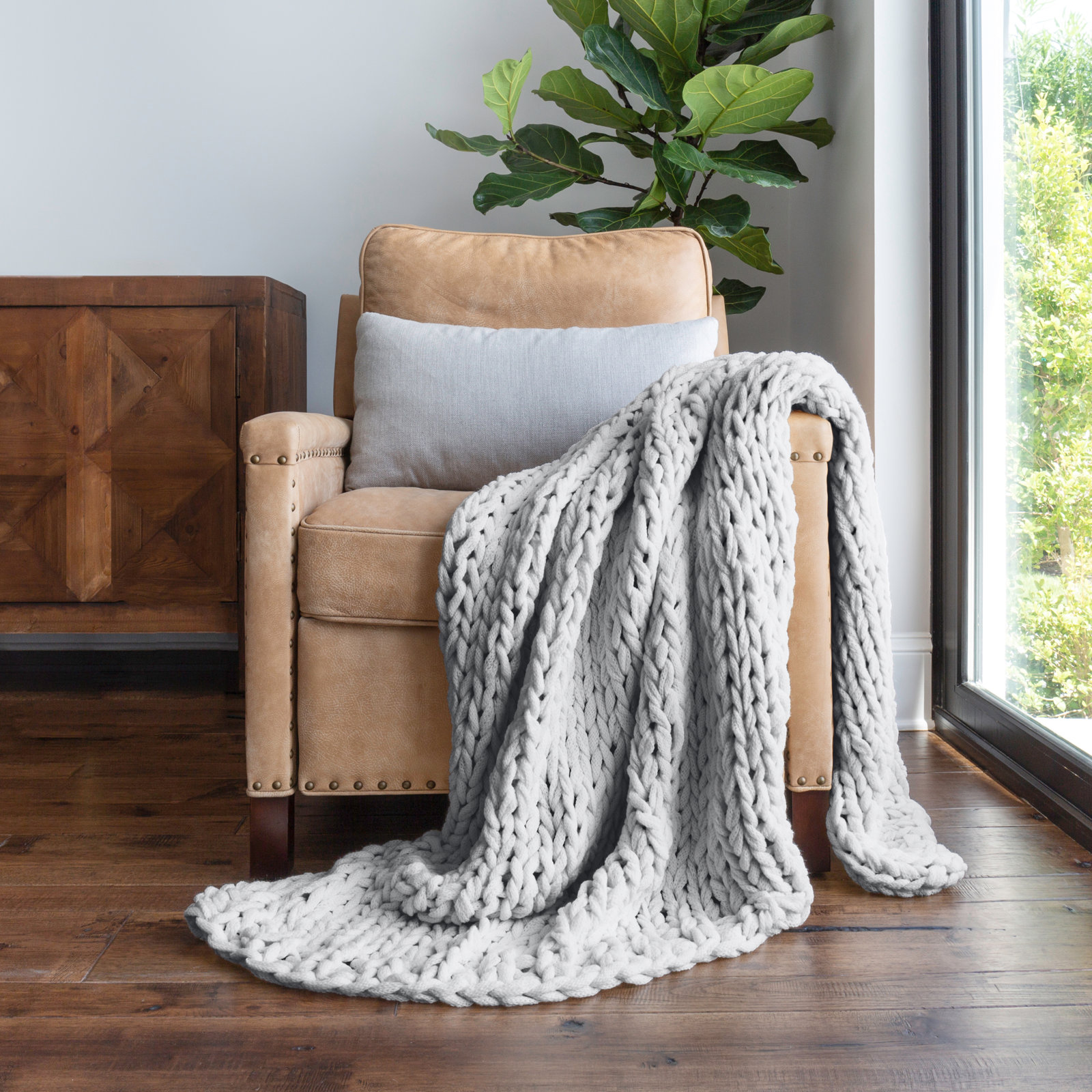 Handmade Knit Throw Blanket, Light Gray
