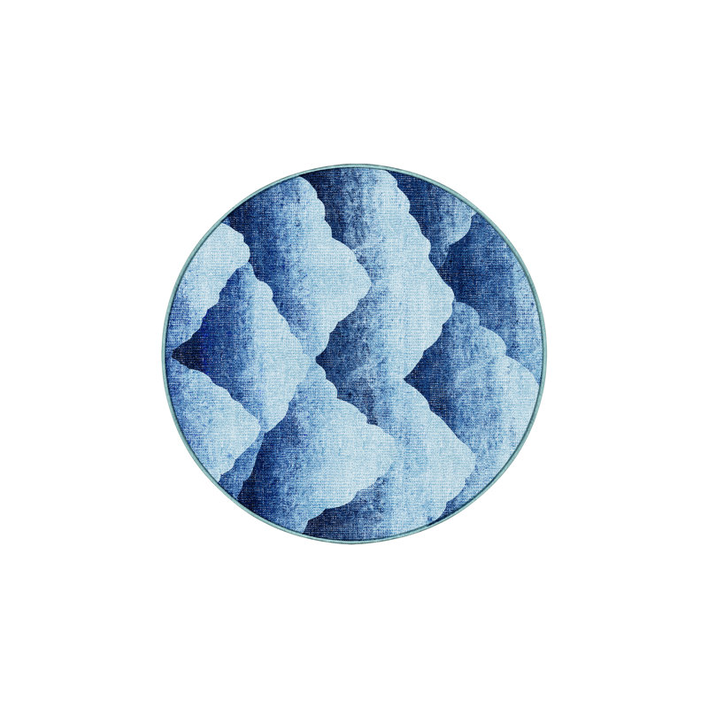 Tapis bleu en chenille / polyester tissé à la main à motif abstrait Eponine, Rond 7 pi