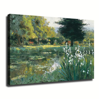 Étang de jardin rétro avec nénuphars et fleurs d'iris blanc, reproduction d'art sur toile tendue pour grand salon