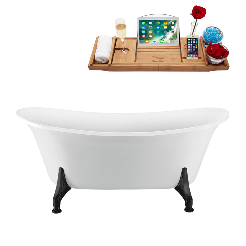 Baignoire de trempage sur pieds 59 "avec drain, pattes et plateau en bambou 59" Streamline, Blanc lustré, Noir mat
