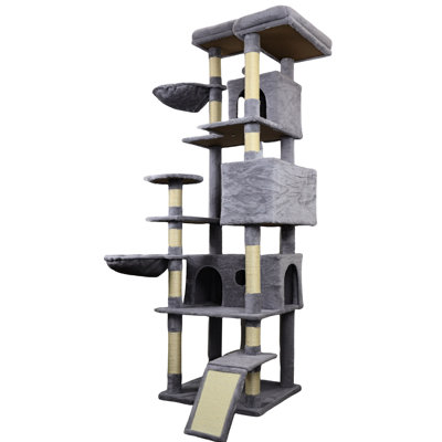 Tour pour chat de 84 pouces de couleur grise foncée, poteaux et boules interactives