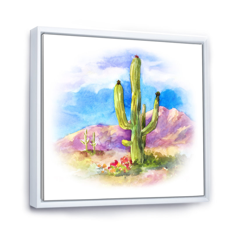 Cactus carnegiea dans le dessert - on, H 30 po x l 30 po x P 1 po, Toile encadrée flottée blanche