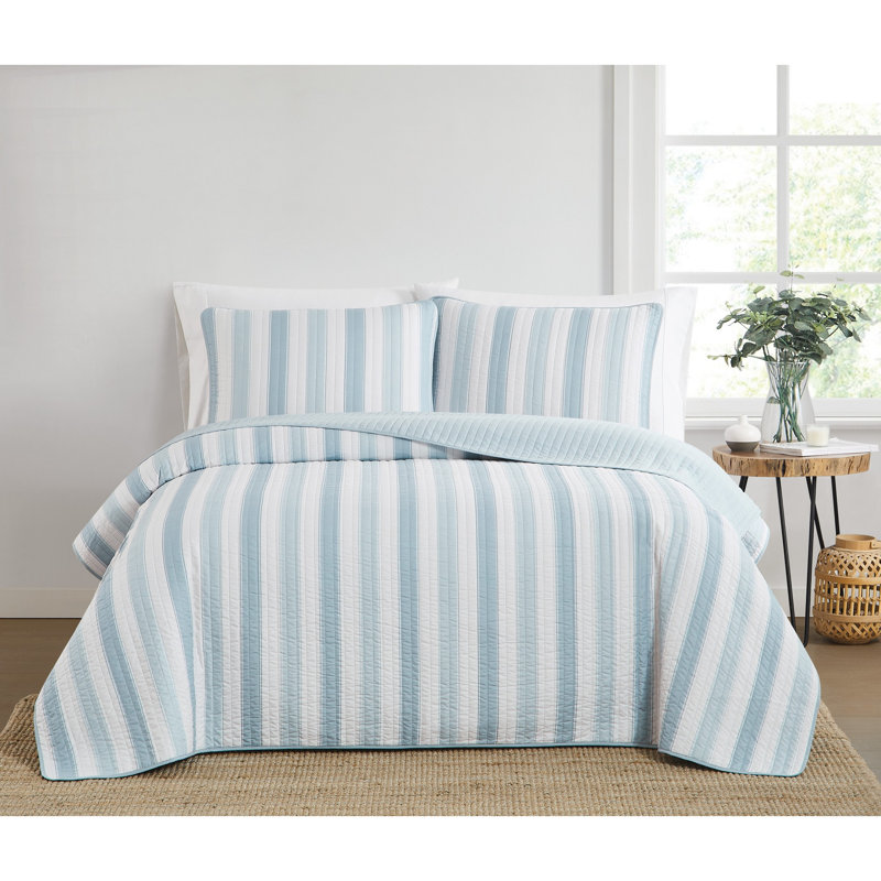 Ensemble d'édredon en polyester Aiden, Blanc / bleu, Courtepointe pour grand lit + 2 taies décoratives