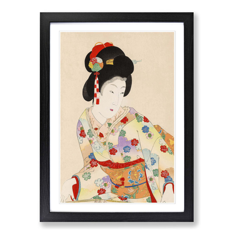 Woman in a Floral Dress by Toyohara Chikanobu - Picture Frame Painting Print on MDF, Black Framed, 48cm H x 36cm W x 2cm D
