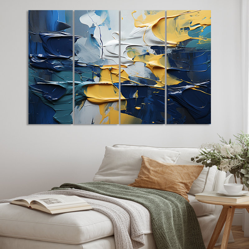 Rough Love Slavic, peinture abstraite jaune bleu II - art mural abstrait, salon - 4 panneaux