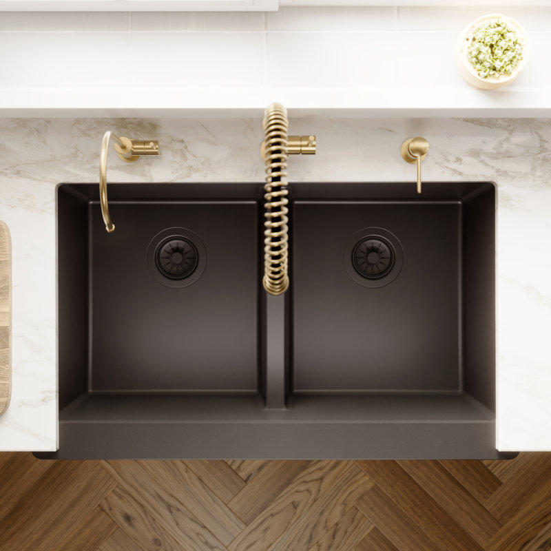 Karran Retrofit Farmhouse Apron Front Quartz Composite 34'' X 21-1/4'' 50/50 Double Bowl Kitchen Sink, Black