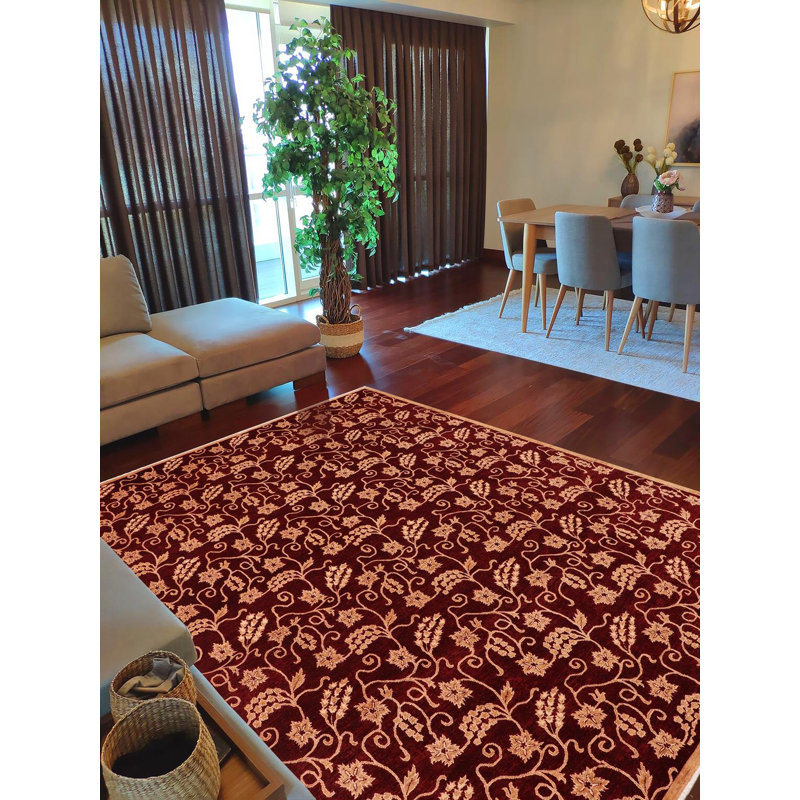 Tapis rouge / brun en laine noué à la main 8 pi 10 po x 11 pi 9 po Floral