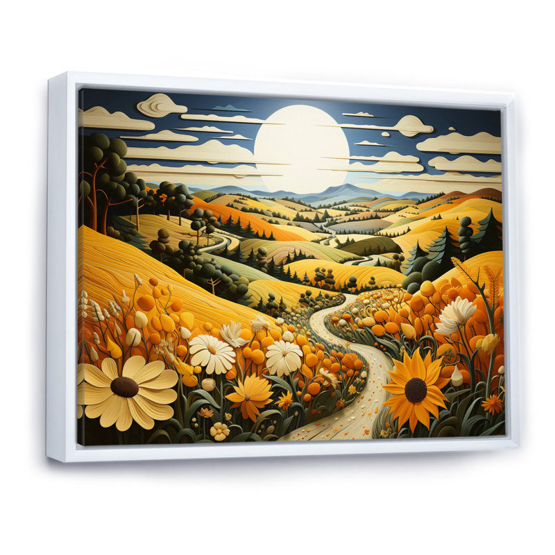 Countryside Yellow Fields In III, reproduction d'art sur toile encadrée, Cadre flottant blanc, H 12 po x l 20 po x P 1 po