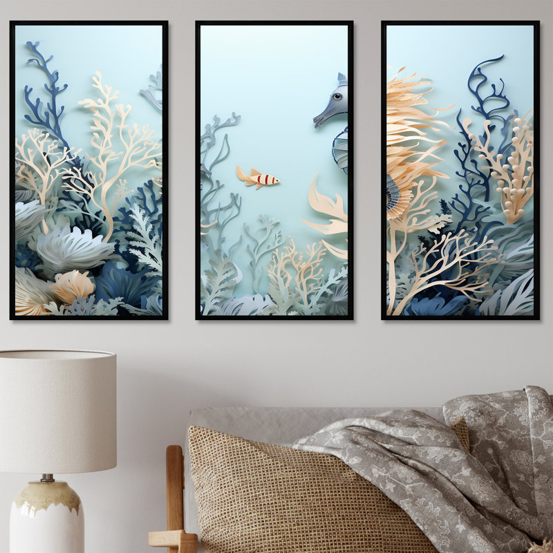 «Blue and White Sea Dragons Dance Collage - Coastal Coral Under Water», ensemble d'art sur toile, H 40 po x l 60 po