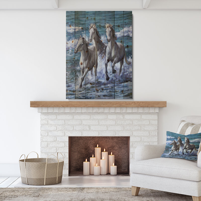 «Three Horses Courir en bord de mer», peinture, H 40 po x l 30 po x p 1,5 po, Bois
