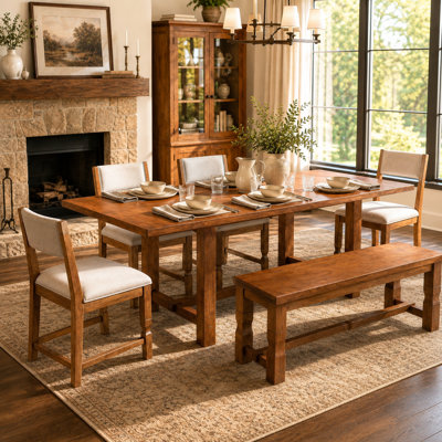 Ensemble de salle à manger extensible 6 pièces en bois d'hévéa massif avec banc et 4 chaises