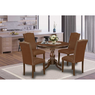 5-Piece Mahogany Finish Solid Wood Top Dining table with 4 Chairs with Lattice Back