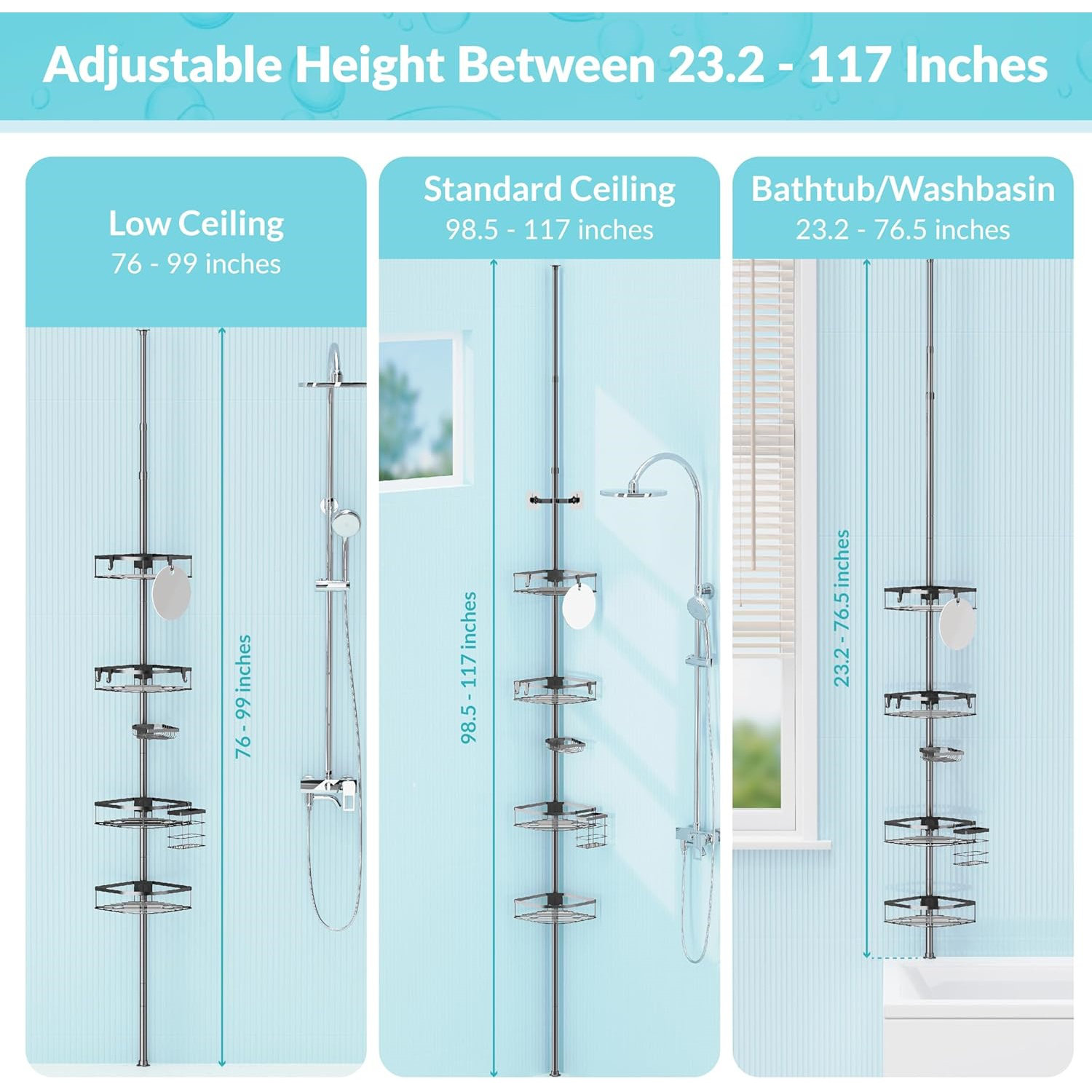 Hokku Designs Shower Basin Tension Bar, 4 Tier Adjustable Corner Shower ...