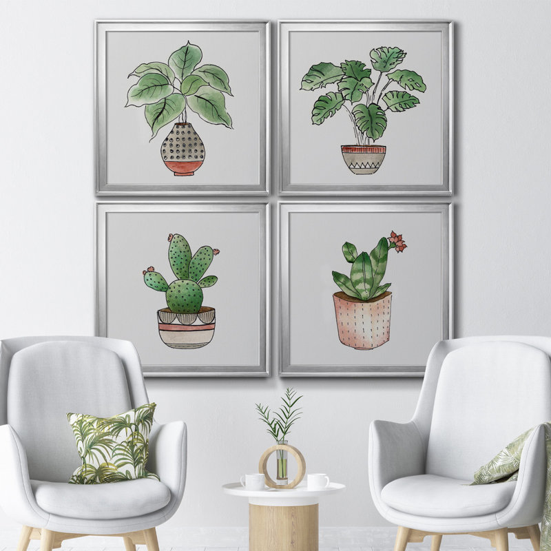 Boho Greenery I - ensemble de 4 reproductions d'art sur toile, Toile avec cadre or, H 17,5 po x l 70 po x P 1,5 po