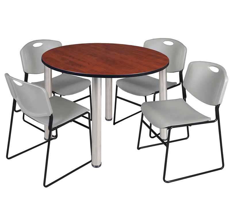 Plateau de table Kee, 4 chaises empilables, Cerisier, Chrome
