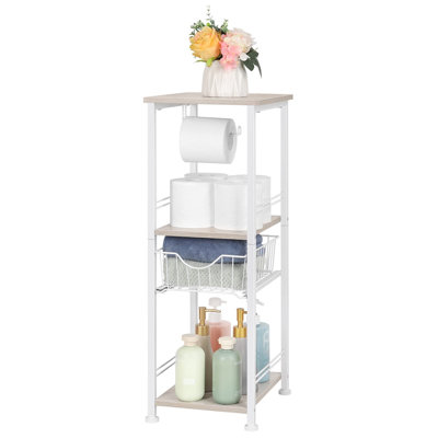 Freestanding Bathroom Shelf With Drawer Toilet Paper Storage Stand 3 Tier Bathroom Towel Storage Organizer , Rustic White