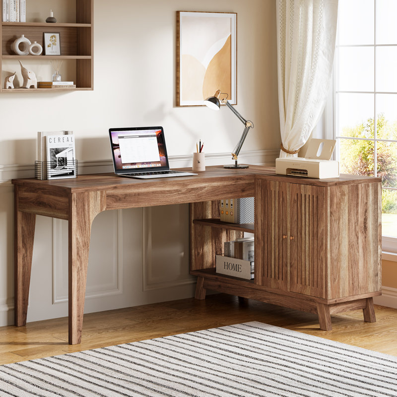 144.8Cm W L-Shaped Writing Desk and Cabinet, Walnut