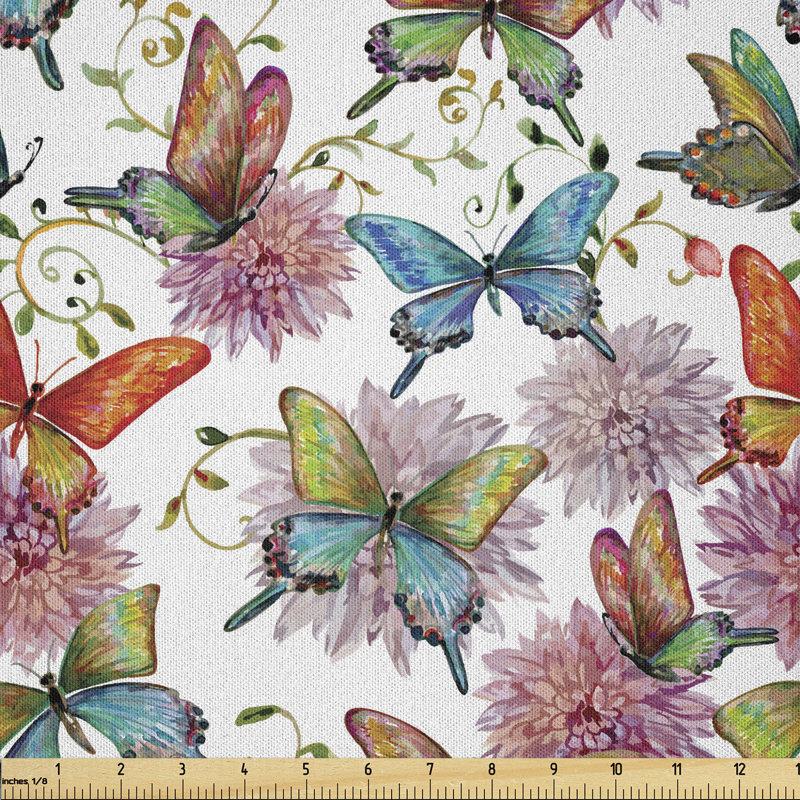 Daliborka Flying Butterflies with Floral Elements Vivid Color Palette Wildflowers Retro Fabric