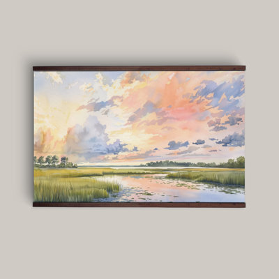 Pastel Marsh Sunset Landscape Tapestry, Carolina Lowcountry Coastal Watercolor Wall Art
