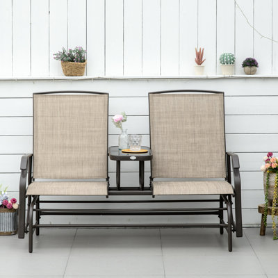 Outdoor Glider Bench With Table - Metal Frame Patio Brown. Double Gliding Relax, Breathable Fabric Chairs, Steel Garden Center , Brown Delight, For And Porch